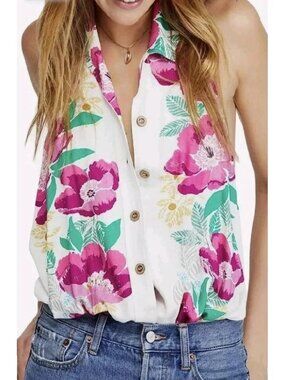 NWT Free People Offshore Floral Halter Bodysuit Ivory Combo Open Back Boho S